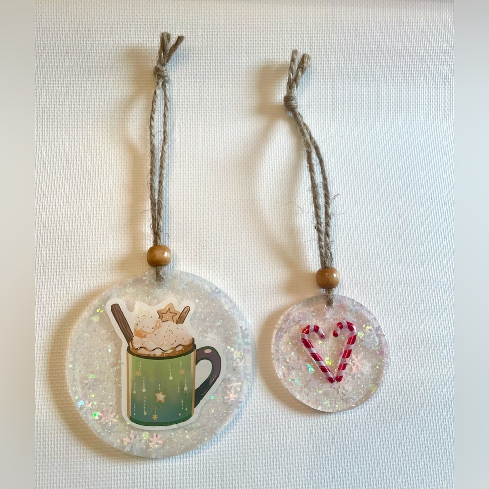 Hand Crafted Resin Festive Holiday Ornament Set with Mug and Candy Cane